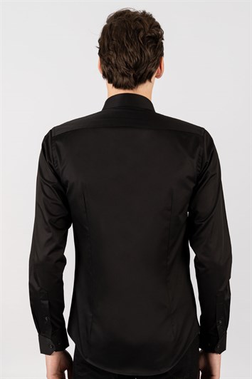 Slim Fit Düz İnce Pamuk Saten Erkek Siyah Gömlek