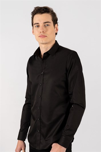 Slim Fit Düz İnce Pamuk Saten Erkek Siyah Gömlek