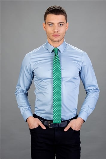 Slim Fit Uzun Kollu Düz İnce Pamuk Saten Erkek Mavi Gömlek