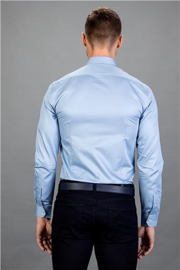 Slim Fit Uzun Kollu Düz İnce Pamuk Saten Erkek Mavi Gömlek