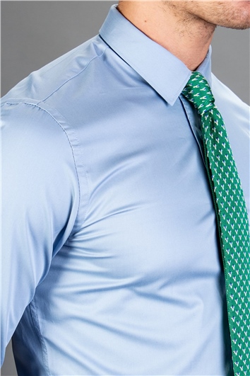 Slim Fit Uzun Kollu Düz İnce Pamuk Saten Erkek Mavi Gömlek
