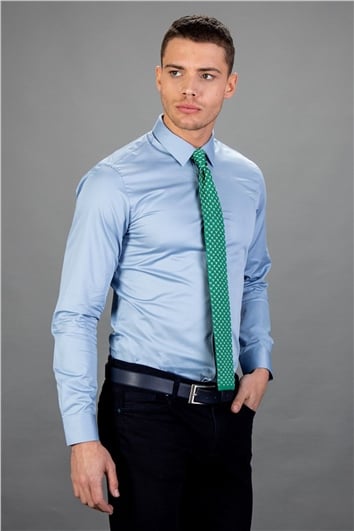 Slim Fit Uzun Kollu Düz İnce Pamuk Saten Erkek Mavi Gömlek