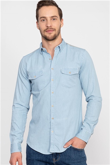 Slim Fit Uzun Kollu Dar Kesim Çift Cep Unisex Mavi Gömlek