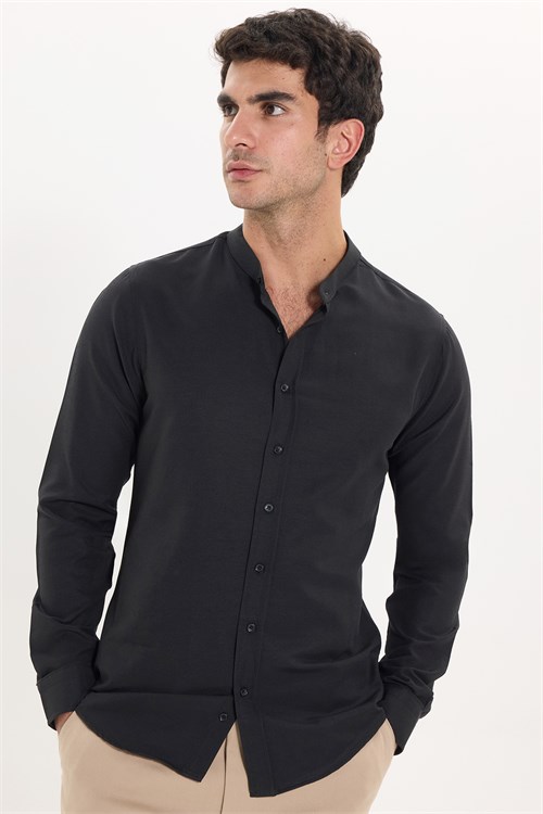Erkek Slim Fit Dar Kesim Pamuklu Kolay Ütülenebilir Siyah Hakim Yaka Gömlek