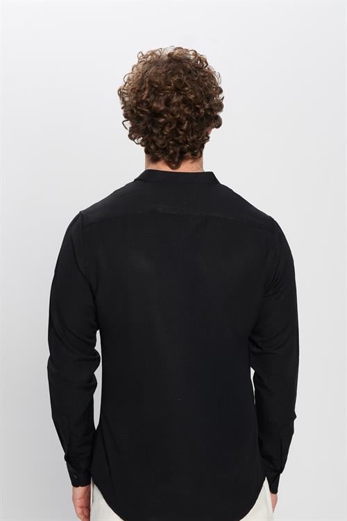 Erkek Slim Fit Dar Kesim Pamuklu Kolay Ütü Siyah Hakim Yaka Gömlek