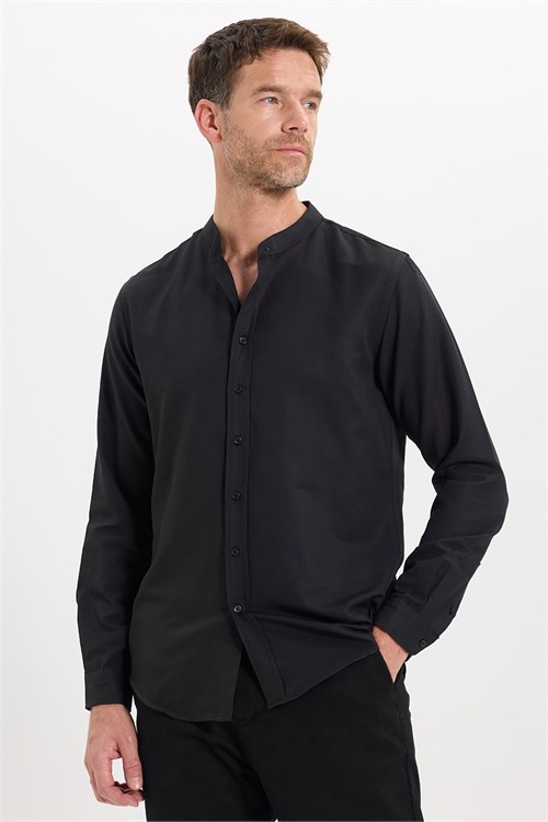 Erkek Slim Fit Dar Kesim Pamuklu Kolay Ütülenebilir Siyah Hakim Yaka Gömlek