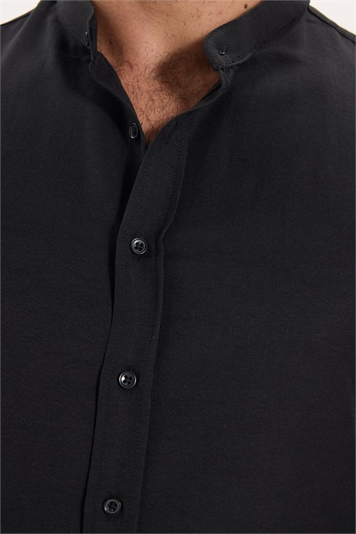 Erkek Slim Fit Dar Kesim Pamuklu Kolay Ütülenebilir Siyah Hakim Yaka Gömlek
