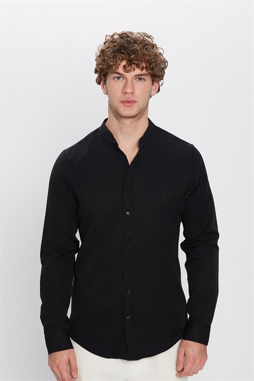 Erkek Slim Fit Dar Kesim Pamuklu Kolay Ütü Siyah Hakim Yaka Gömlek