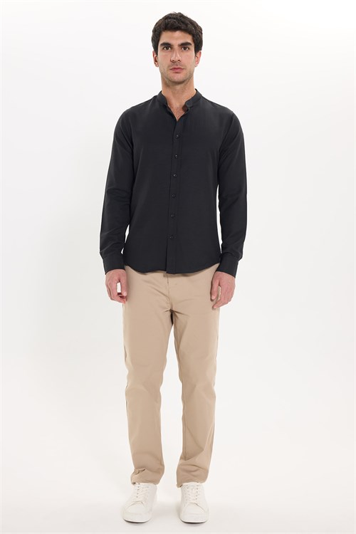 Erkek Slim Fit Dar Kesim Pamuklu Kolay Ütülenebilir Siyah Hakim Yaka Gömlek
