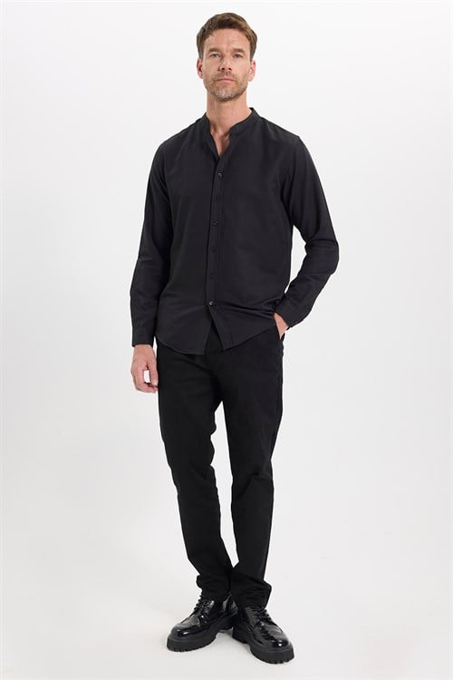 Erkek Slim Fit Dar Kesim Pamuklu Kolay Ütülenebilir Siyah Hakim Yaka Gömlek