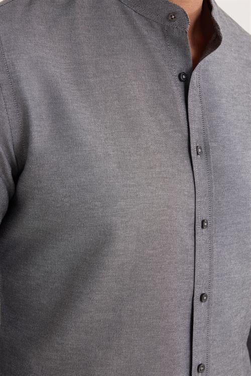 Slim Fit Uzun Kollu Hakim Yaka Pamuklu Kolay Ütü Erkek Gri Gömlek