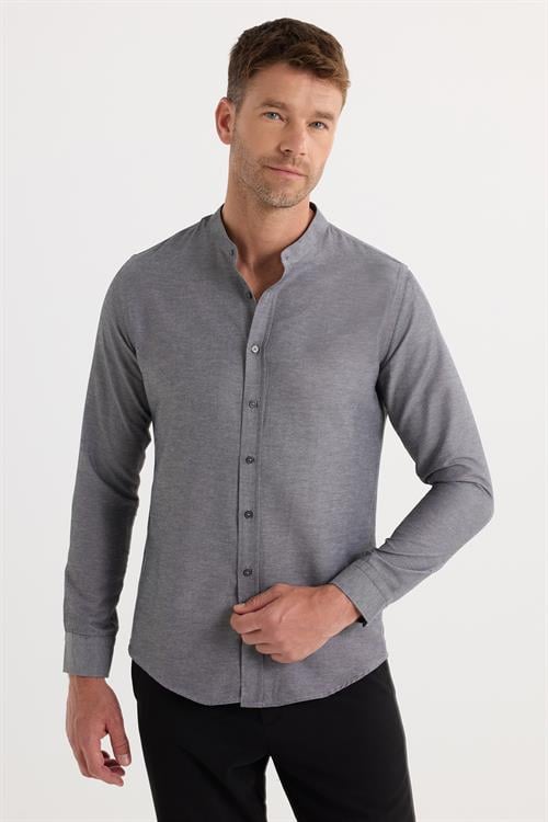 Slim Fit Uzun Kollu Hakim Yaka Pamuklu Kolay Ütü Erkek Gri Gömlek