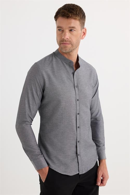 Slim Fit Uzun Kollu Hakim Yaka Pamuklu Kolay Ütü Erkek Gri Gömlek