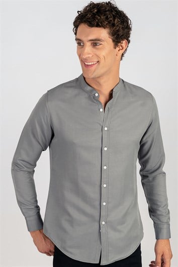 Erkek Slim Fit Dar Kesim Pamuklu Kolay Ütü Gri Hakim Yaka Gömlek