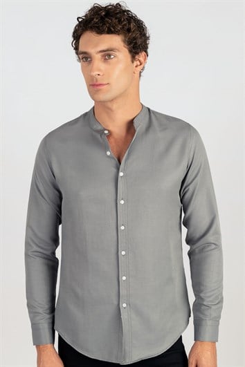 Erkek Slim Fit Dar Kesim Pamuklu Kolay Ütü Gri Hakim Yaka Gömlek