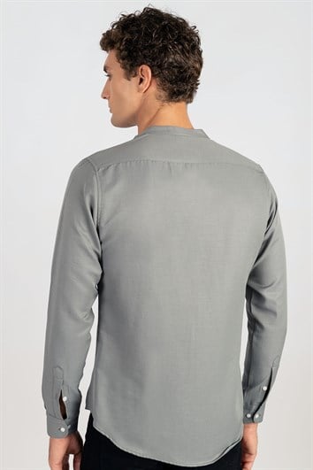 Erkek Slim Fit Dar Kesim Pamuklu Kolay Ütü Gri Hakim Yaka Gömlek
