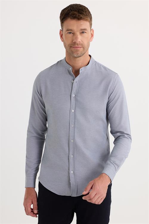 Erkek Slim Fit Dar Kesim Pamuklu Kolay Ütü Gri Hakim Yaka Gömlek 