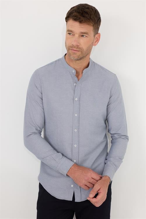 Erkek Slim Fit Dar Kesim Pamuklu Kolay Ütü Gri Hakim Yaka Gömlek 