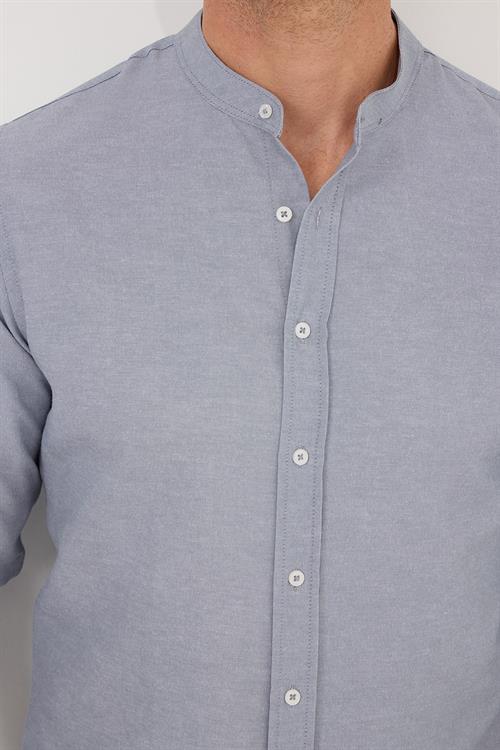 Erkek Slim Fit Dar Kesim Pamuklu Kolay Ütü Gri Hakim Yaka Gömlek 