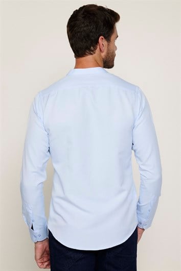 Erkek Slim Fit Dar Kesim Pamuklu Kolay Ütü Mavi Hakim Yaka Gömlek