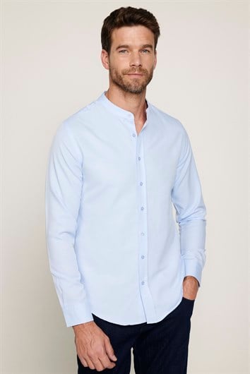 Erkek Slim Fit Dar Kesim Pamuklu Kolay Ütü Mavi Hakim Yaka Gömlek