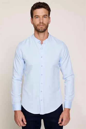 Erkek Slim Fit Dar Kesim Pamuklu Kolay Ütü Mavi Hakim Yaka Gömlek