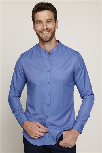Slim Fit Uzun Kollu Hakim Yaka Pamuklu Kolay Ütü Erkek Mavi Gömlek