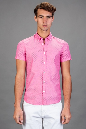 Slim Fit Kısa Kollu Desenli Erkek Fuşya Pembe Gömlek