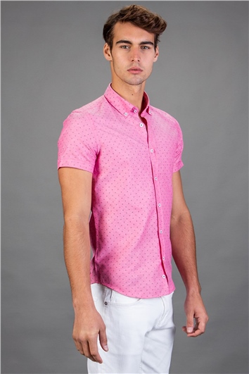 Slim Fit Kısa Kollu Desenli Erkek Fuşya Pembe Gömlek