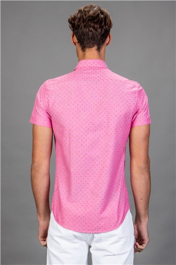 Slim Fit Kısa Kollu Desenli Erkek Fuşya Pembe Gömlek