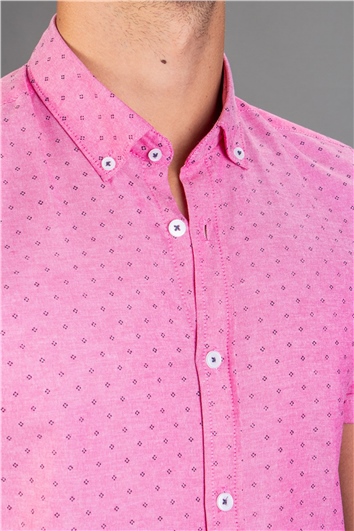 Slim Fit Kısa Kollu Desenli Erkek Fuşya Pembe Gömlek