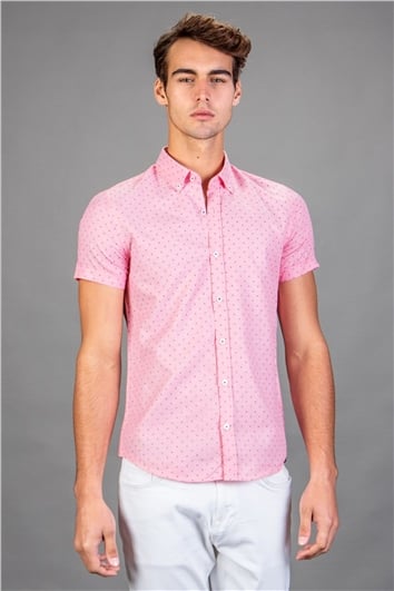 Slim Fit Kısa Kollu Desenli Erkek Pembe Gömlek