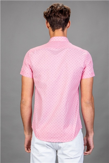 Slim Fit Kısa Kollu Desenli Erkek Pembe Gömlek
