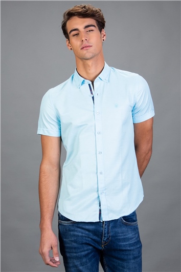 Erkek Slim Fit Dar Kesim Kısa Kollu Pamuklu Oxford Doku Turkuaz Düğmeli Yaka Gömlek