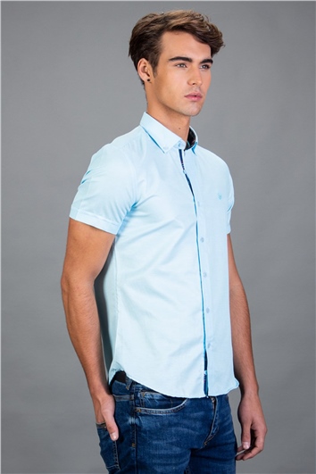 Erkek Slim Fit Dar Kesim Kısa Kollu Pamuklu Oxford Doku Turkuaz Düğmeli Yaka Gömlek