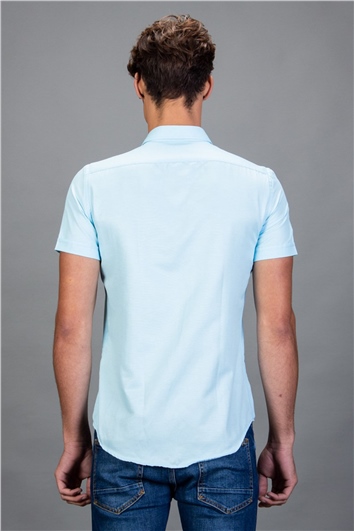 Erkek Slim Fit Dar Kesim Kısa Kollu Pamuklu Oxford Doku Turkuaz Düğmeli Yaka Gömlek
