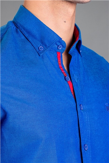 Erkek Slim Fit Dar Kesim Kısa Kollu Pamuklu Oxford Doku Sax Mavi Düğmeli Yaka Gömlek