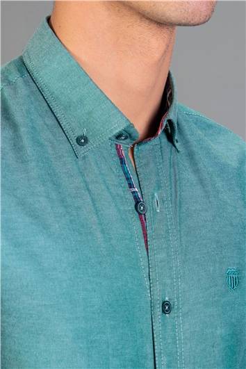 Erkek Slim Fit Dar Kesim Kısa Kollu Pamuklu Oxford Doku Kolay Ütülenebilir Yeşil Düğmeli Yaka Gömlek