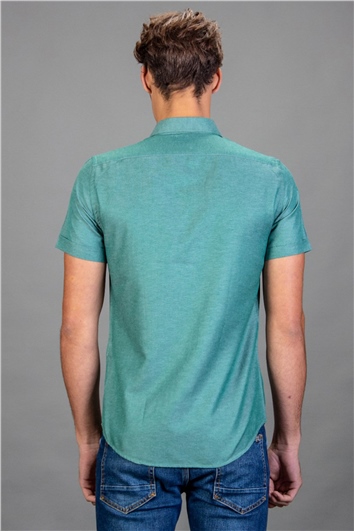 Erkek Slim Fit Dar Kesim Kısa Kollu Pamuklu Oxford Doku Kolay Ütülenebilir Yeşil Düğmeli Yaka Gömlek