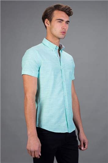 Slim Fit Kısa Kollu Spor Erkek Yeşil Gömlek
