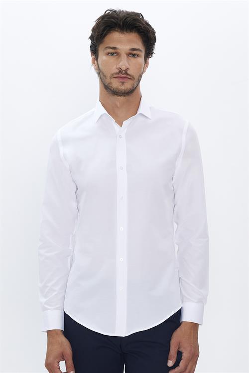 Slim Fit Uzun Kollu Pamuklu Kolay Ütü Beyaz Erkek Gömlek