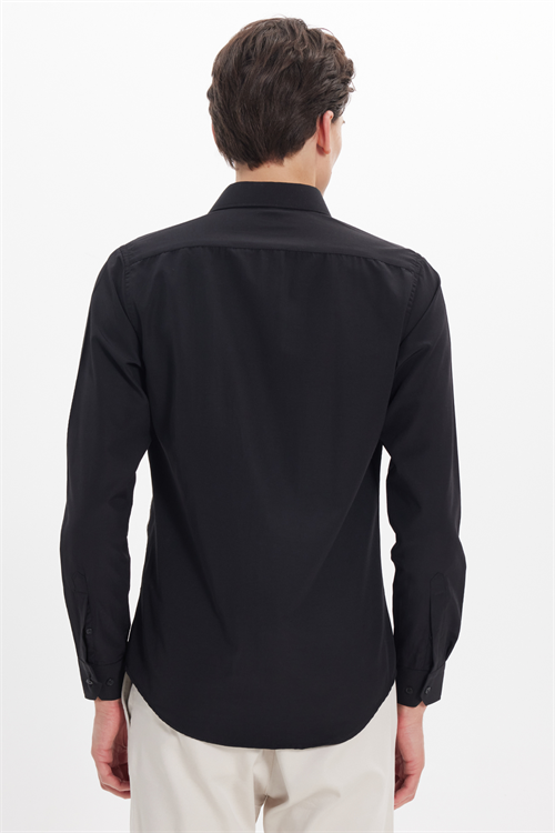 Slim Fit Uzun Kollu Pamuklu Kolay Ütü Siyah Erkek Gömlek