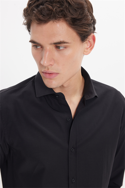 Slim Fit Uzun Kollu Pamuklu Kolay Ütü Siyah Erkek Gömlek