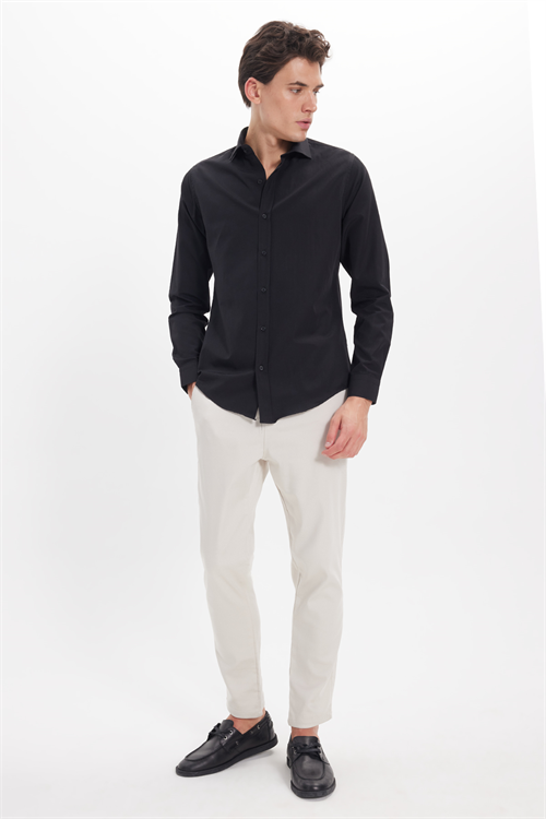 Slim Fit Uzun Kollu Pamuklu Kolay Ütü Siyah Erkek Gömlek