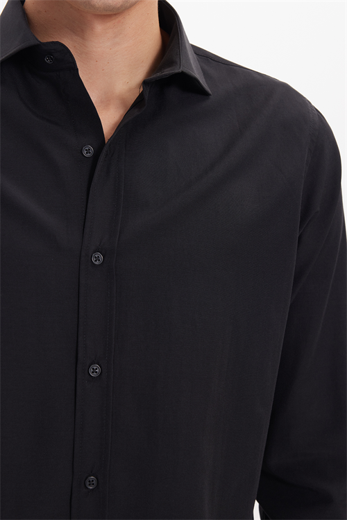 Slim Fit Uzun Kollu Pamuklu Kolay Ütü Siyah Erkek Gömlek