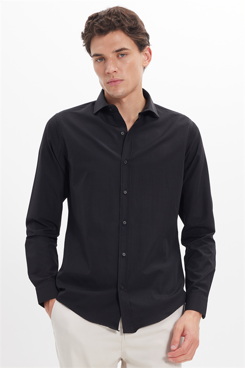 Slim Fit Uzun Kollu Pamuklu Kolay Ütü Siyah Erkek Gömlek