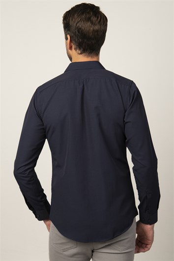 Slim Fit Uzun Kollu Pamuklu Kolay Ütü Erkek Lacivert Gömlek
