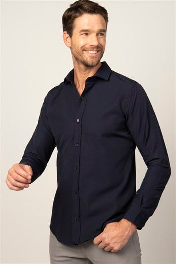 Slim Fit Uzun Kollu Pamuklu Kolay Ütü Erkek Lacivert Gömlek