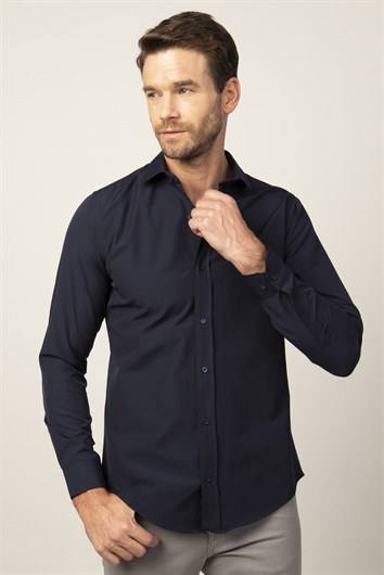 Slim Fit Uzun Kollu Pamuklu Kolay Ütü Erkek Lacivert Gömlek