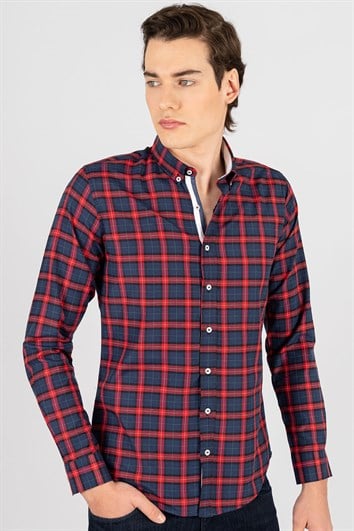 Slim Fit Uzun Kollu Düğmeli Yaka Kareli Pamuklu Kolay Ütü Erkek Gömlek